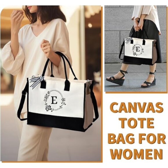 Personalized Embroidery Initial Letter "E" Canvas Tote Bag & FREE Jewelry  Box - Picture 1 of 5